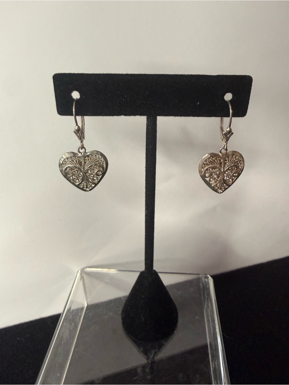 VTG 925 Sterling Silver Filigree Heart Dangle Earrings